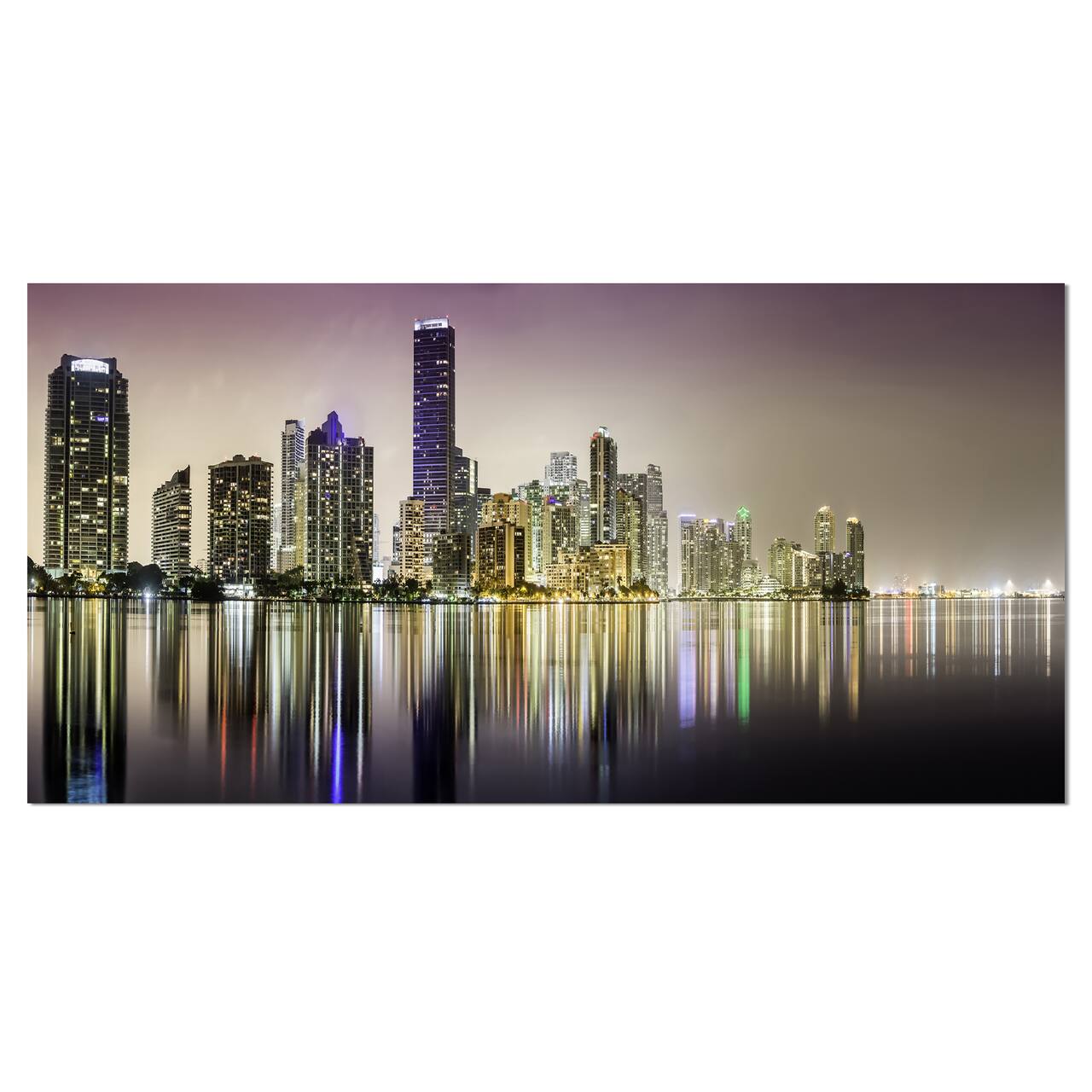 Designart - Miami Downtown Night Panorama - Extra Large Canvas Art Print